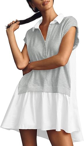 Fisoew Womens Summer Sweatshirt Dresses Short Sleeve V Neck Casual Oversized Patchwork Mini Dress | Amazon (US)