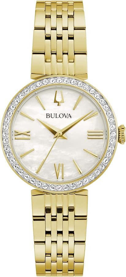 Bulova Ladies' Classic Crystal Stainless Steel 3-Hand Quartz Watch, White Mother-of-Pearl Dial | Amazon (US)