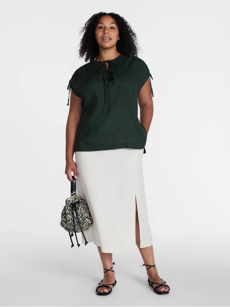 Time and Tru Women\u2019s Linen-Blend Tunic Top with Ruched Sleeves, Sizes XS-XXXL | Walmart (US)