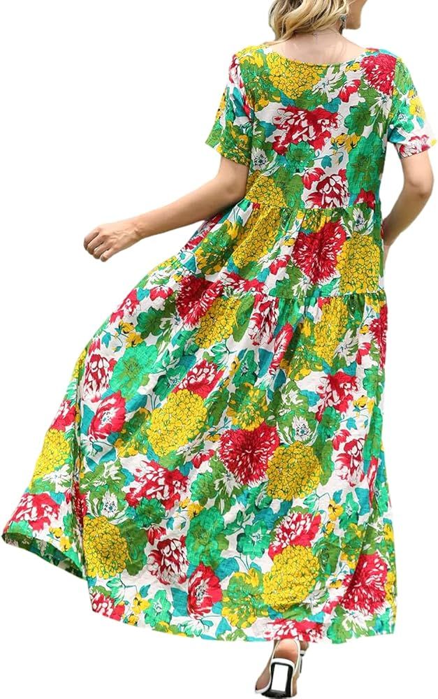 YESNO Women Casual Loose Bohemian Short Sleeve Floral Dress Long Maxi Summer Beach Swing Dress wi... | Amazon (US)
