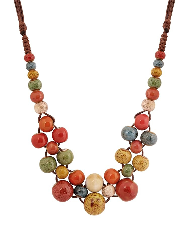 MINACHI Hippie Boho Colorful Ceramic Round Beads Strand Necklace, Bohemian Fashion Statement Jewe... | Amazon (US)
