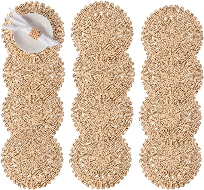 13.8" Set of 12 Round Corn Husk Placemats | Boho Wovean Rattan Table Mats | Farmhouse Wicker Spri... | Amazon (US)