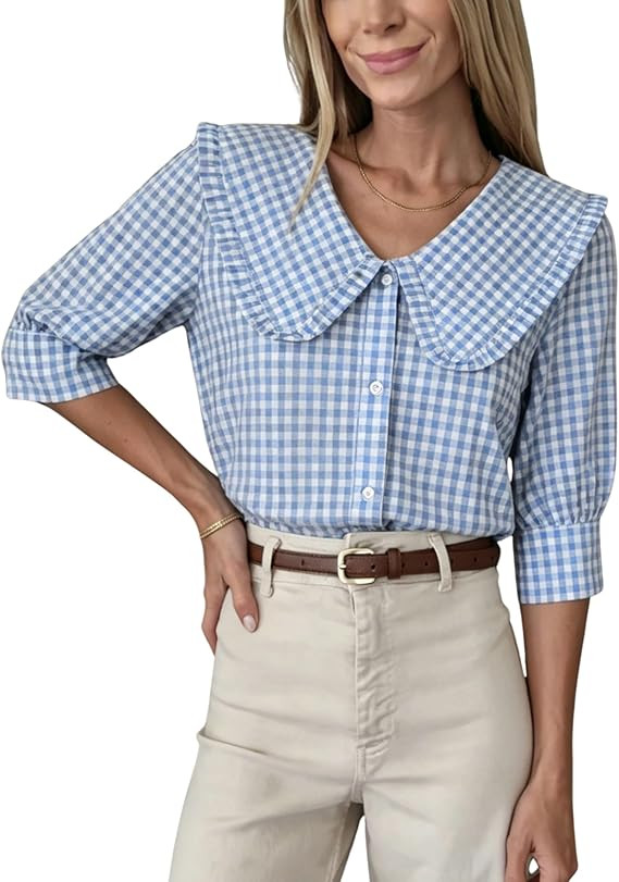 Daacee Women's Plaid Blouse Oversized Ruffle Collar V Neck Puff Sleeve Button Down Plaid Shirts T... | Amazon (US)