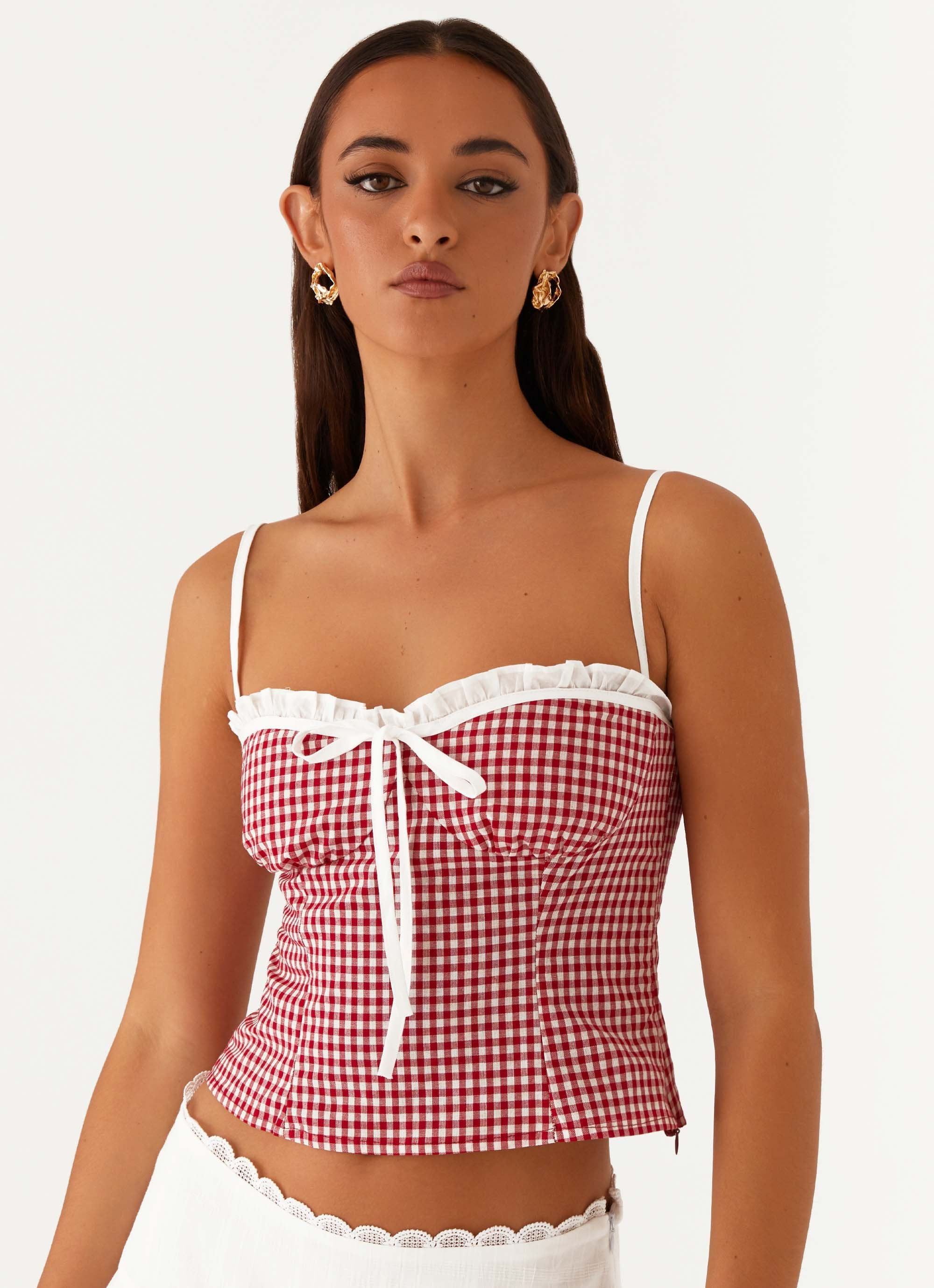 Palmer Ruffle Bustier Top - Red Gingham | Peppermayo (Global)