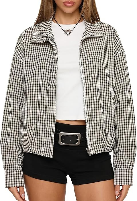 Darong Womens Plaid Bomber Jacket Collared Zip Up Coat with Pockets Fall | Amazon (US)