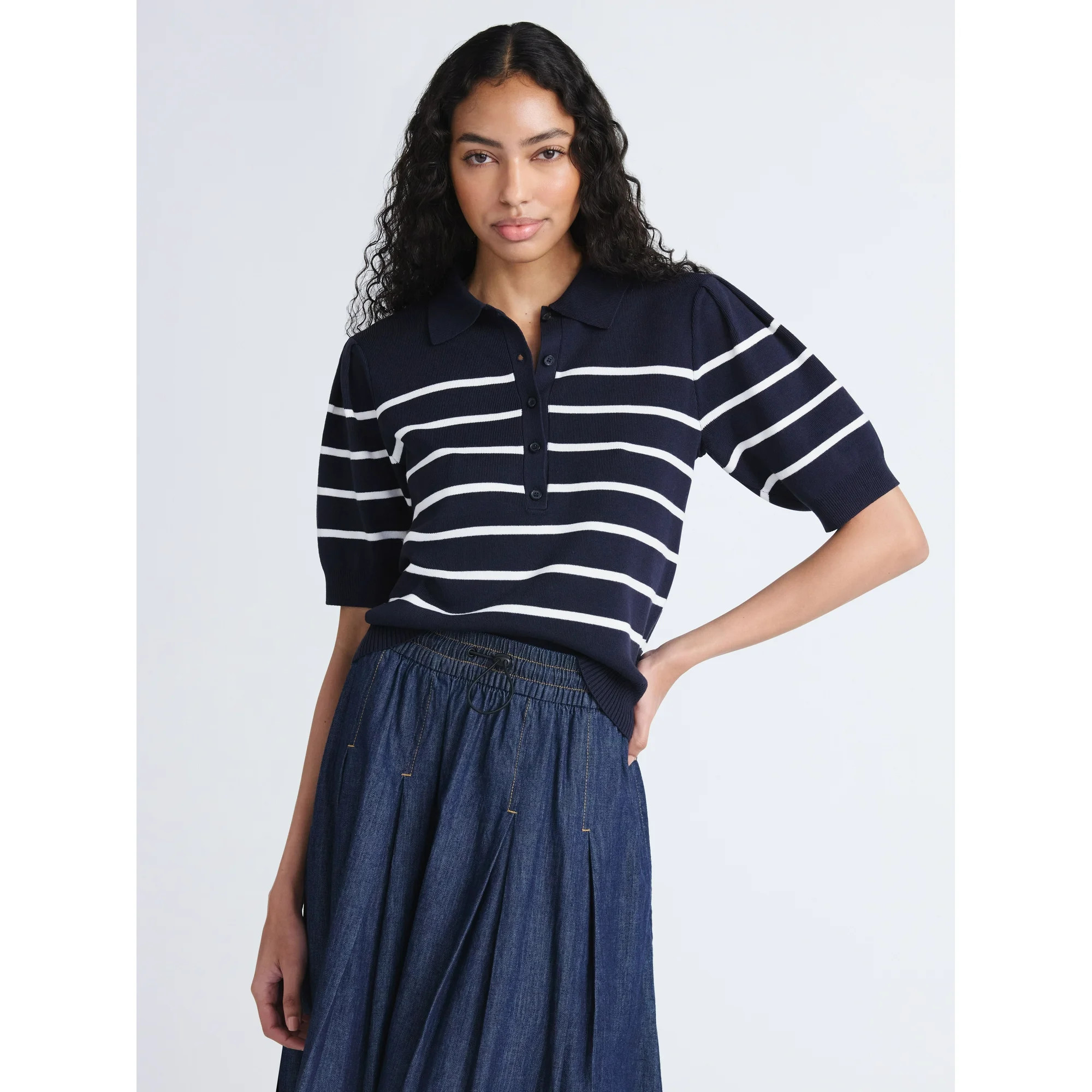 Free Assembly Women's Collared Sweater Tee with Puff Sleeves, Lightweight, Sizes XS-XXL | Walmart (US)