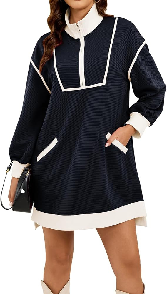 Womens Long Sleeve Sweatshirt Dress Oversized Half Zip Fall Loose Fit Casual Dress with Pockets | Amazon (US)