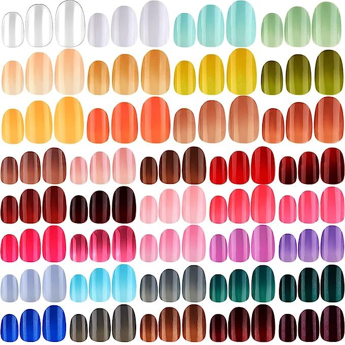 888 Pieces Colorful Short False Nails Short Oval Nail Tips Artificial Fake Nail Full Cover Coffin... | Amazon (US)