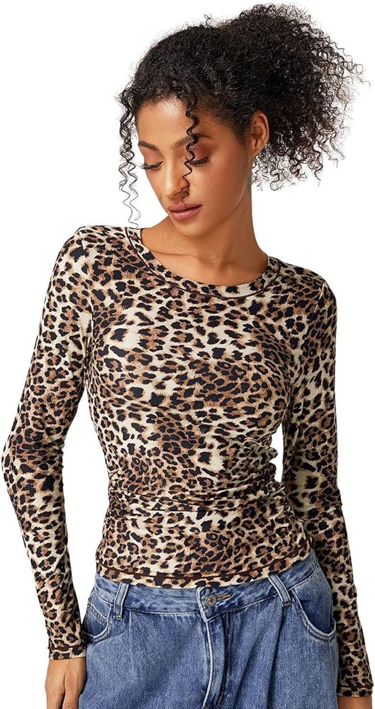 QINSEN Womens Crewneck Long Sleeve Shirt Double Lined Basic Tees Side Ruched Going Out Crop Tops | Amazon (US)