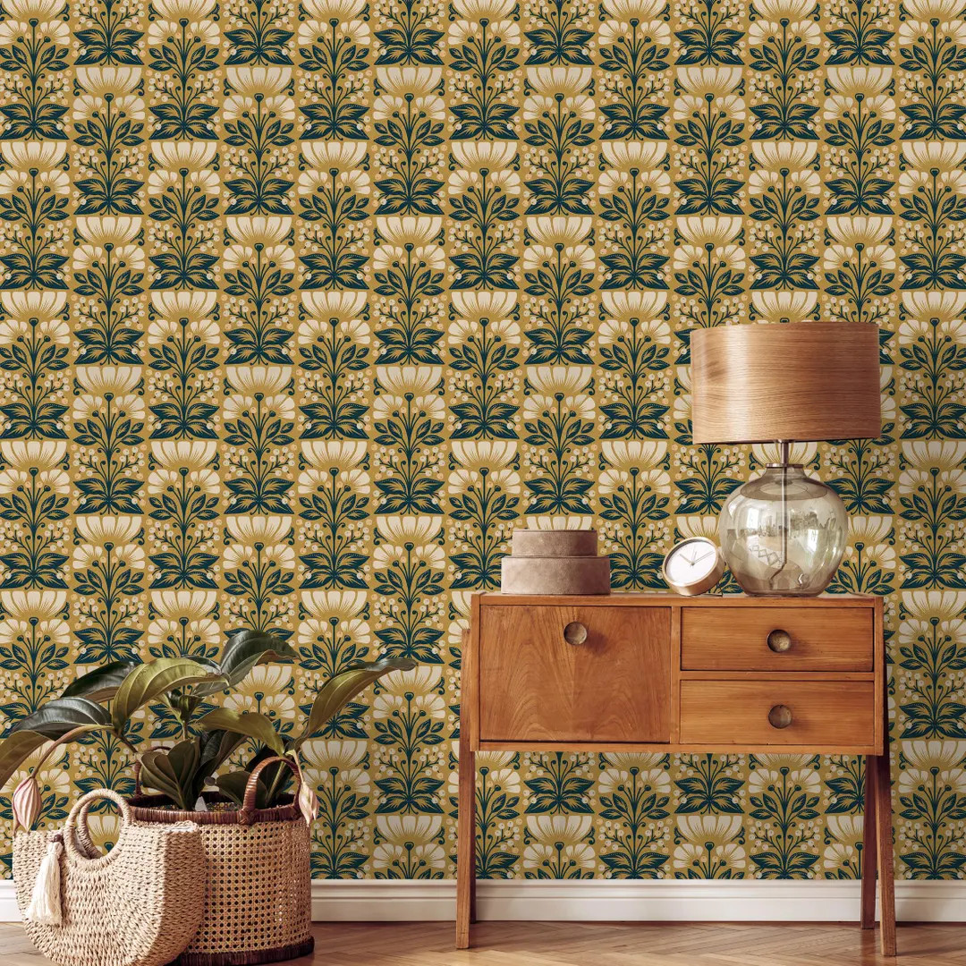 Folk Art Wallpaper with a Symmetrical Floral Motif in Mustard Yellow, Dark Teal, and Cream - E454 | Etsy (US)