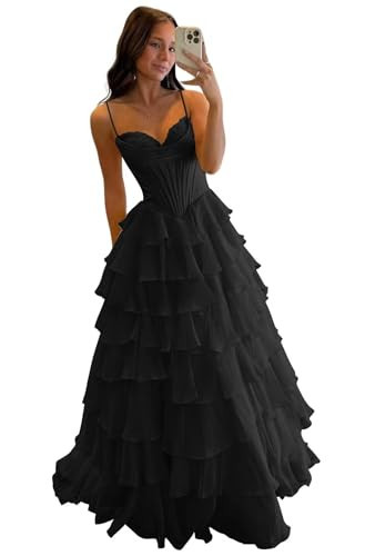 Fair Lady Spaghetti Straps Prom Dresses with Slit 2026 Classy Black Chiffon Ruffle Formal Party Gown for Women Long Tiered V Neck Evening Dress US6 | Amazon (US)