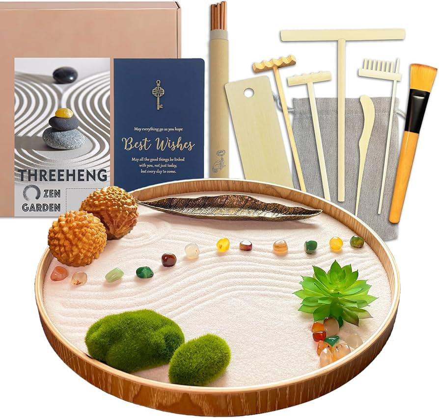 Japanese Zen Garden Kit for Desk, Bamboo Sand Garden Meditation Therapy Tray Gift Set, Mini Zen D... | Amazon (US)