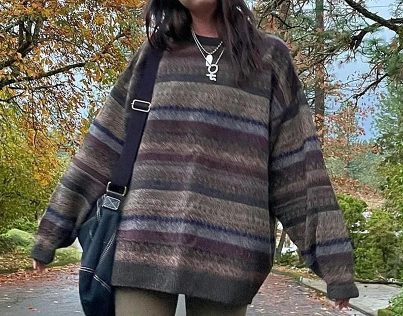 Vintage Style Striped Sweater, O Neck Full Sleeve Knit Jumper, Fairycore Grunge Aesthetic, Grandp... | Etsy (US)