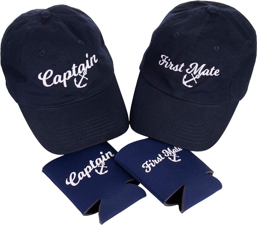 Captain Hat & First Mate | Matching Skipper Boating Baseball Caps & Beer Holders Navy | Amazon (US)