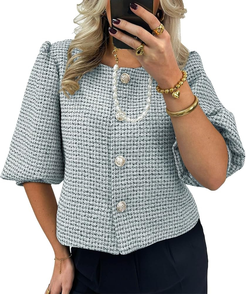 Cicy Bell Womens Cropped Tweed Blazers Puff Short Sleeve Crew Neck Button Business Casual Suit Ja... | Amazon (US)