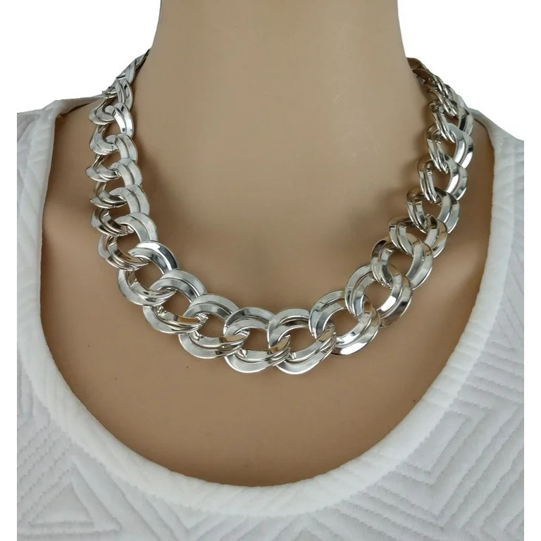 Silver Tone Big Oversized Chunky Chain Necklace Double Link 18" | Walmart (US)
