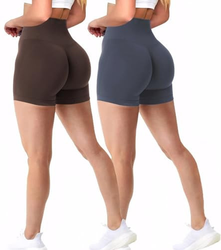 gaimoliso Womens Workout Gym Shorts 2 Pack Seamless High Waist Scrunch Butt Lifting Athletic Yoga Shorts Brown/Grey | Amazon (US)