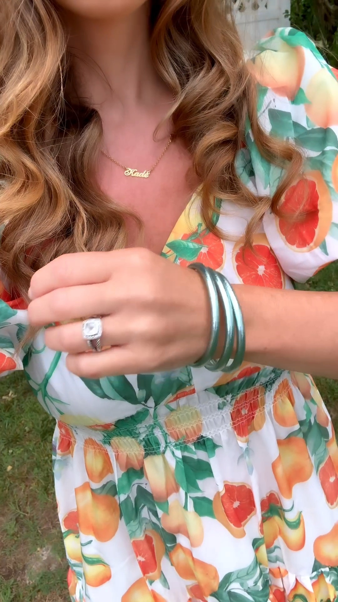 Fruitti Fashion // summer fruit // oranges dress // summer jewlery // mint bangles // David yurman // family name necklace

#LTKootd #LTKSeasonal #LTKSaleAlert