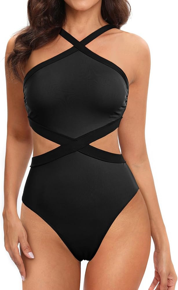 Holipick Women's High Neck One Piece Swimsuit Criss Cross Full Coverage Bathing Suit Cutout Monik... | Amazon (US)