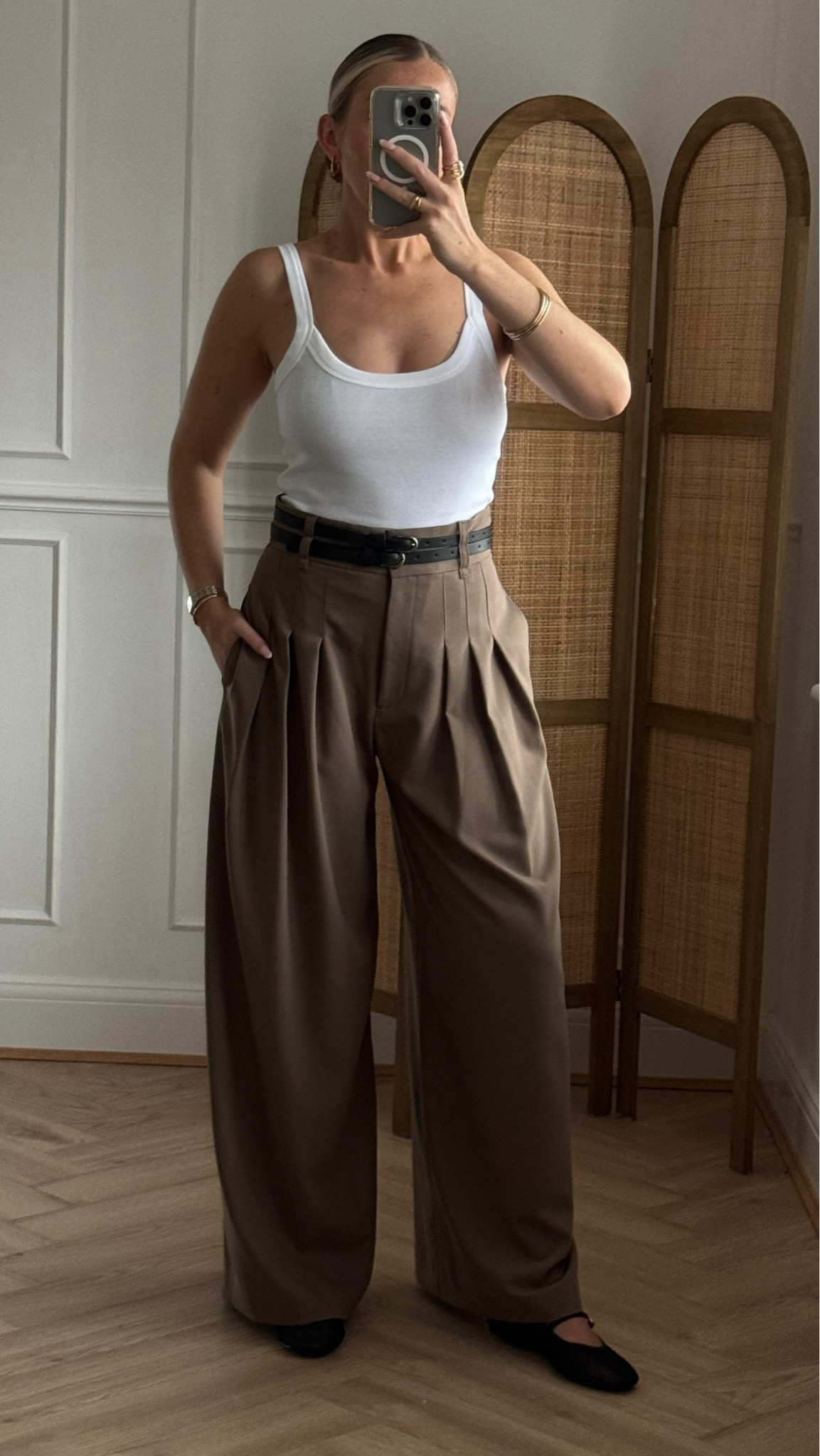 Transitional outfit, autumn outfit, River Island outfit, belted wide leg trousers, white vest top, ballet flats, casual style 

#LTKstyletip #LTKautumn #LTKuk