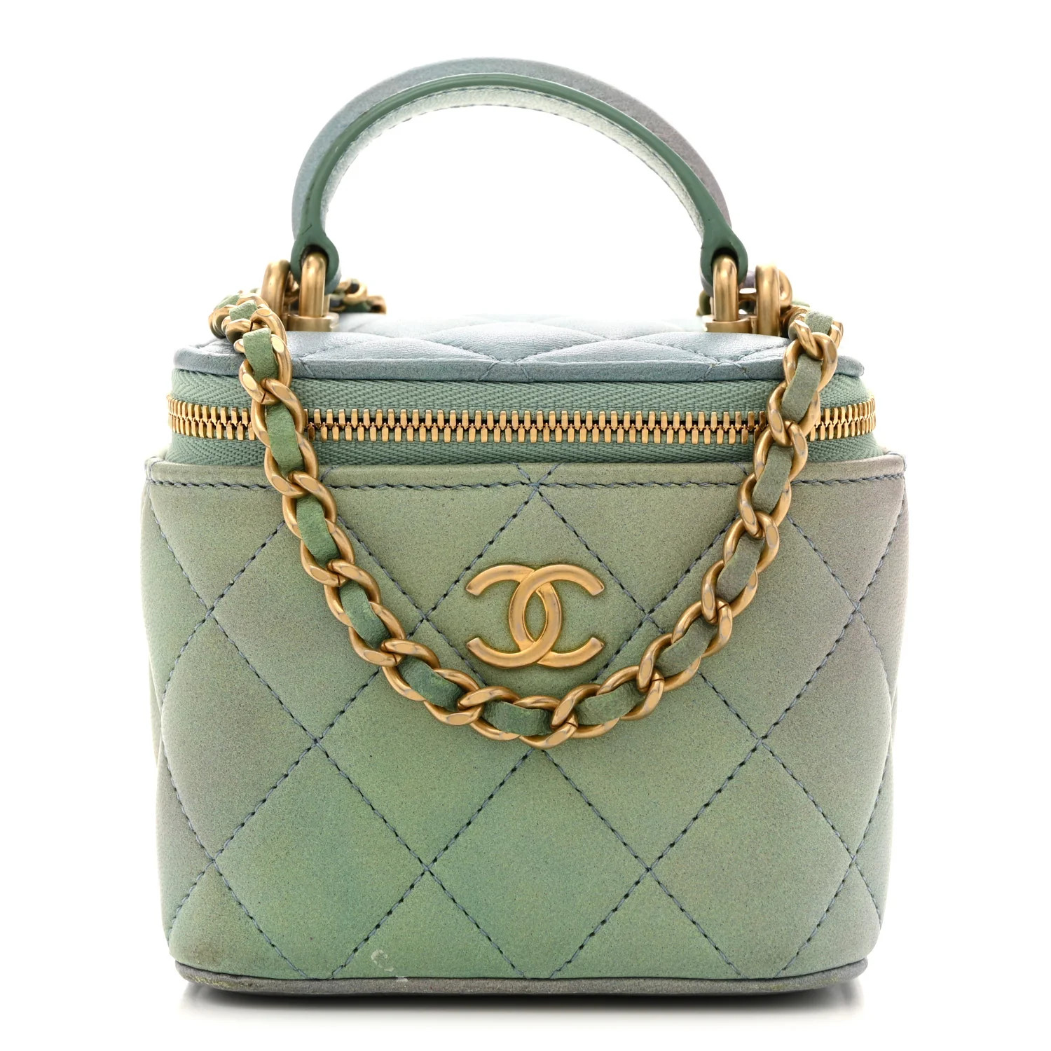 Lambskin Quilted Ombre Top Handle Mini Vanity Case With Chain Blue Green | FASHIONPHILE (US)
