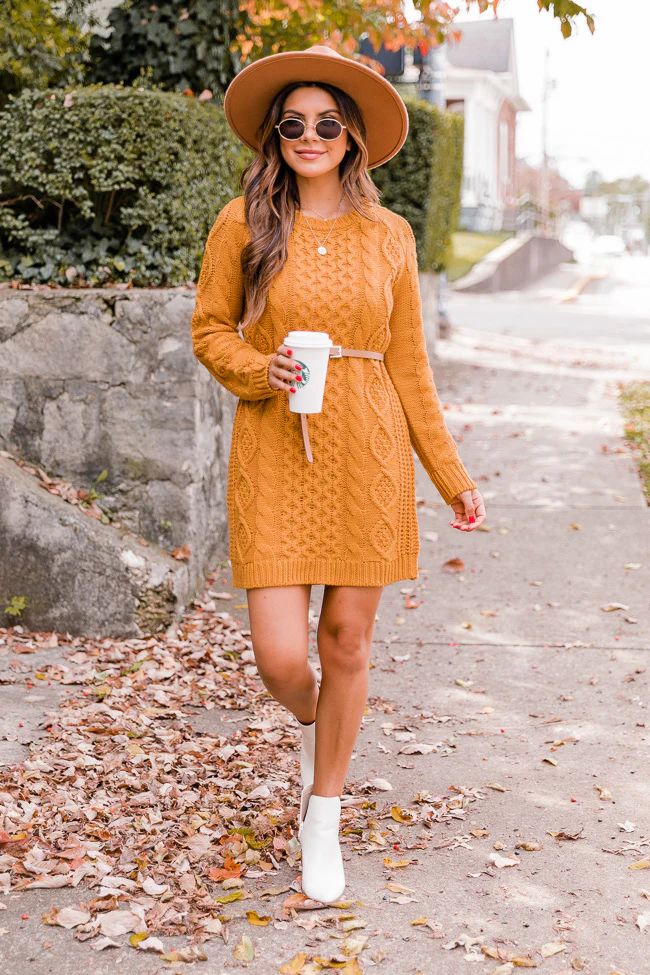 Wild Card Gold Cable Knit Sweater Dress | The Pink Lily Boutique