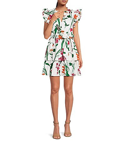 Sugarlips Garden Floral V-Neck Cap Sleeve Tie Waist Ruffle Mini A-line Dress - S | Dillard's