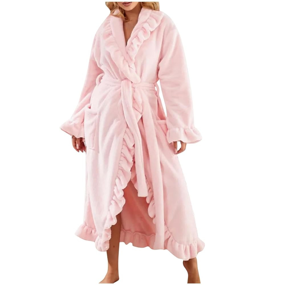 Women's Ultra Soft Ruffle Ankle-Length Fleece Robe Thickened Ruffle Trim Fashion Sleepwear Robes ... | Amazon (US)
