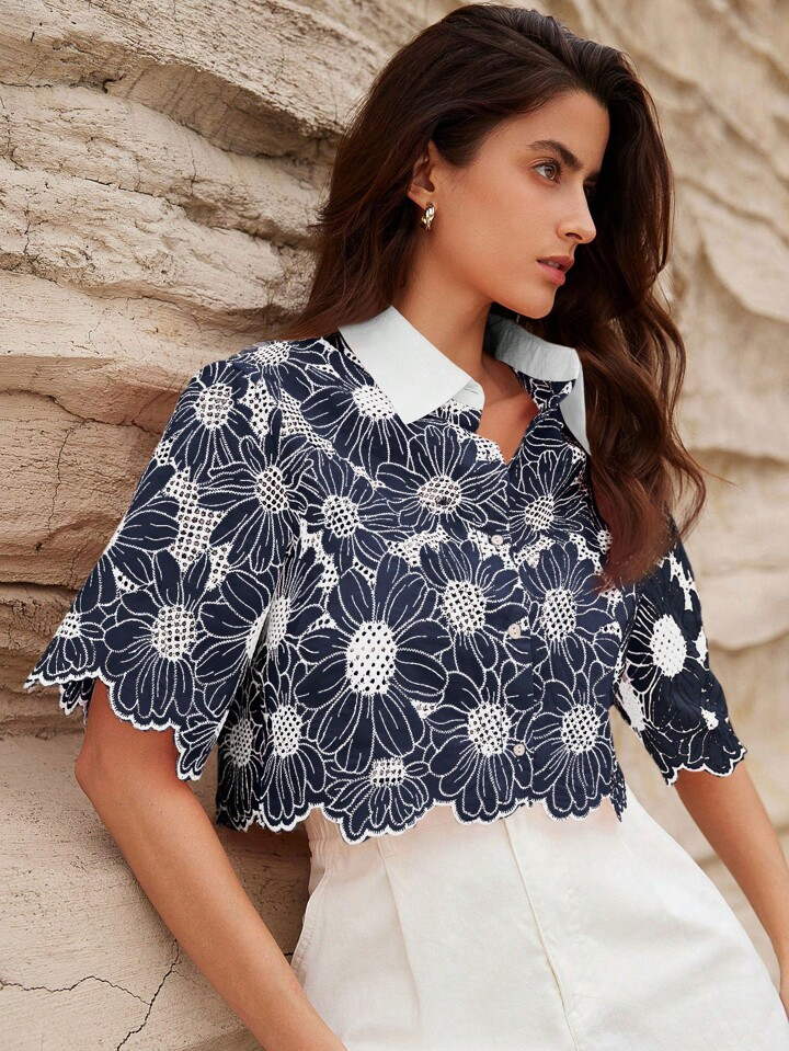 SHEIN Rosie Women's Elegant Hollow Out Embroidered Daisy Random Vacation Shirt | SHEIN USA | SHEIN