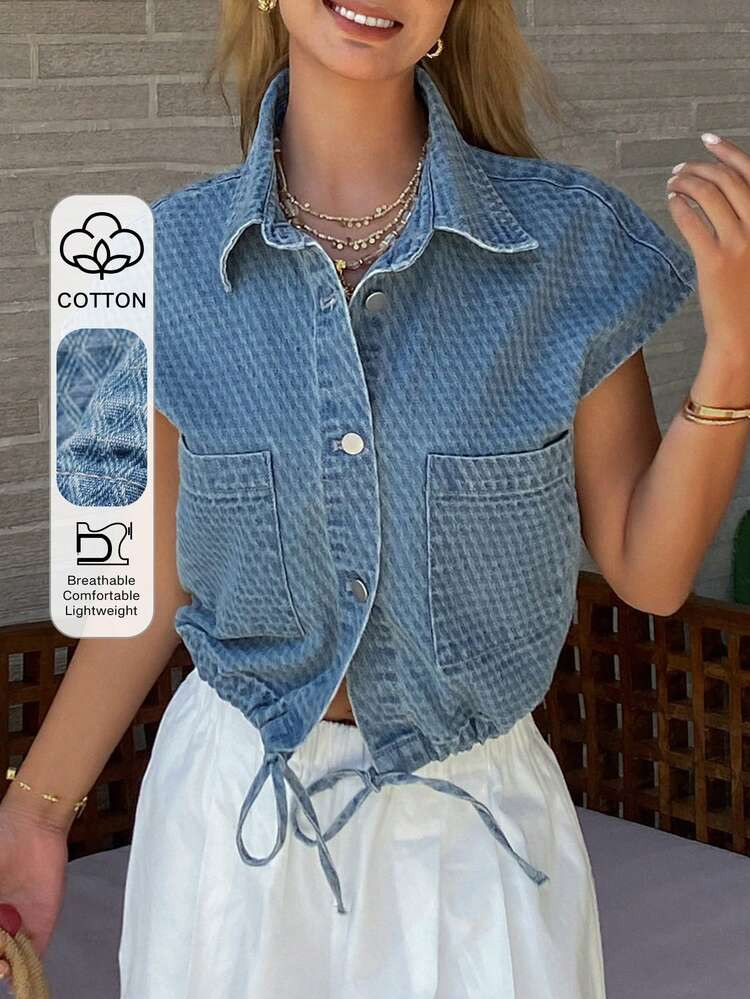 Livesso Spring & Summer Loose Business Casual Fashion Office Wear Textured Plaid Waist Tie Sleeve... | SHEIN