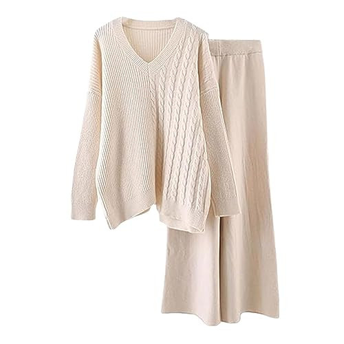 QQLADY Women's Lounge Two Piece Outfits, Knit Long Sleeve V Neck Sweater Pullover Top and Wide Leg Pants Tracksuit Lounge Set (Beige,one size) | Amazon (US)