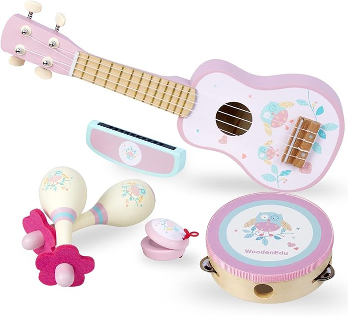 Kids Guitar for Girls, Wooden Musical Instruments Toys with Ukulele, Tambourine, Maracas, Harmoni... | Amazon (US)