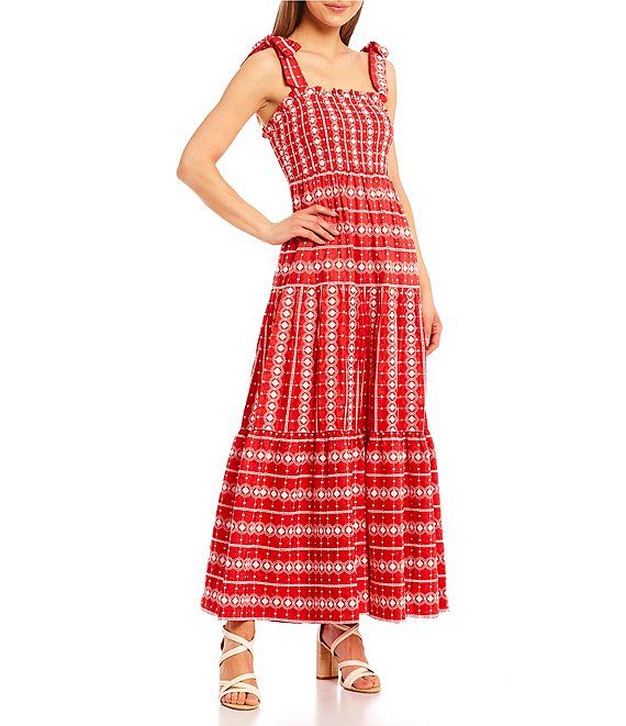 Embroidered Woven Sleeveless Square Neck Tie Strap Smocked Tiered Maxi Dress | Dillard's