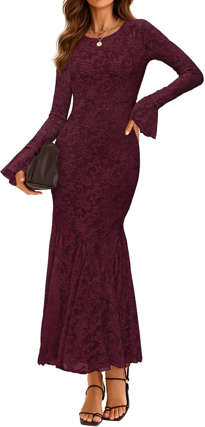 ZESICA Women's Long Sleeve Bodycon Maxi Dress 2025 Fall Fashion Floral Sexy Mermaid Wedding Guest... | Amazon (US)