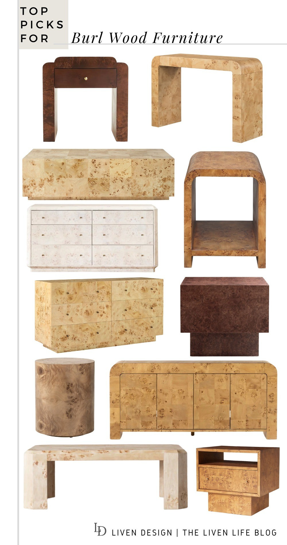 Burl wood furniture. Burl wood coffee table. Burl wood side table. Burl wood dresser. White Burl wood dresser. Brown Burl wood nightstand. Modern dresser. Modern side table. Waterfall console table. 

#LTKSeasonal #LTKHome #LTKSaleAlert