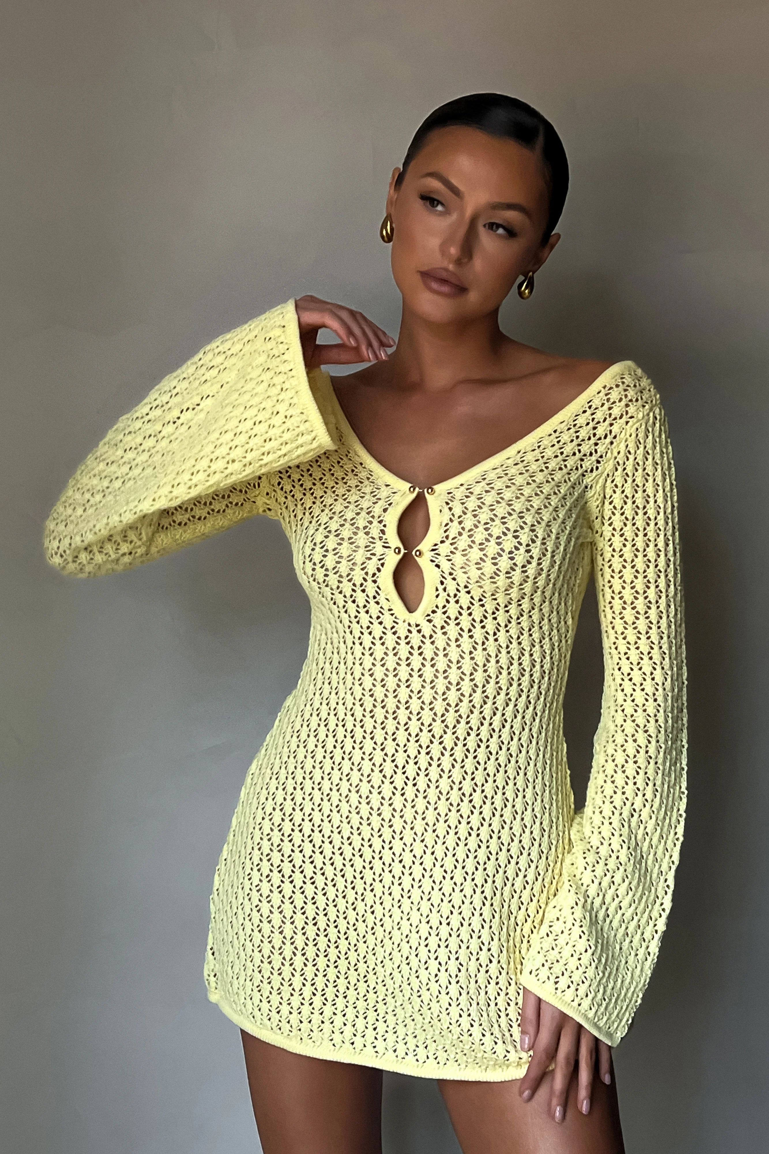Kayleigh Crochet Knit Mini Dress - Lemon | MESHKI US