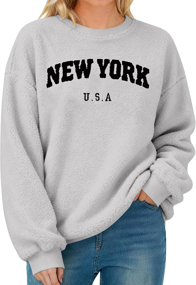 KIDDAD Womens New York Embroidered Sweatshirt Sherpa Crewneck Pullover Drop Shoulder sweatshirts ... | Amazon (US)