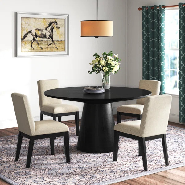 Arwilla Ebony Black 5 Piece 59"W Contemporary Round Dining Table Set with Pedestal Base and Beige... | Wayfair North America
