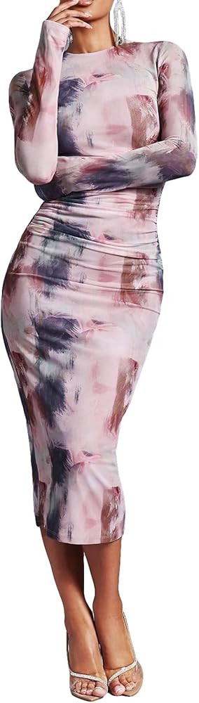 GORGLITTER Women's Mesh Long Sleeve Bodycon Midi Dress Sheer Ruched Tie Dye Crew Neck Dresses | Amazon (US)