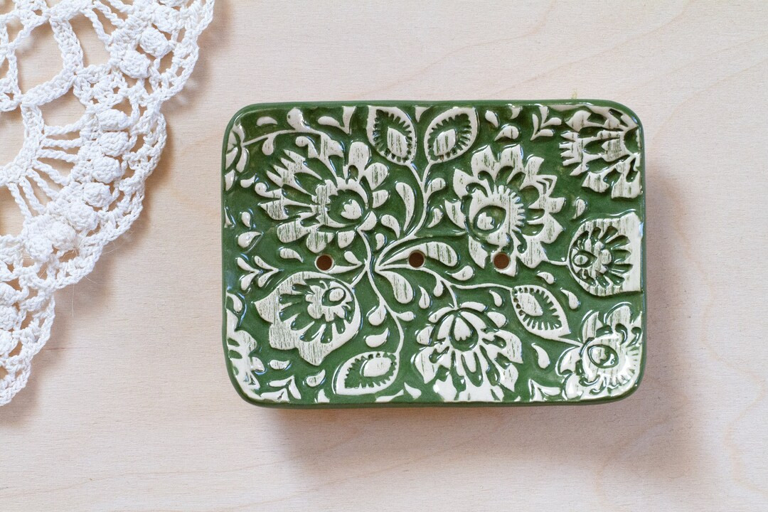 Green Ceramic Soap Dish Soap Holder Pottery Soap Dish Bathroom Decor Home Gift Floral Pattern - E... | Etsy (US)