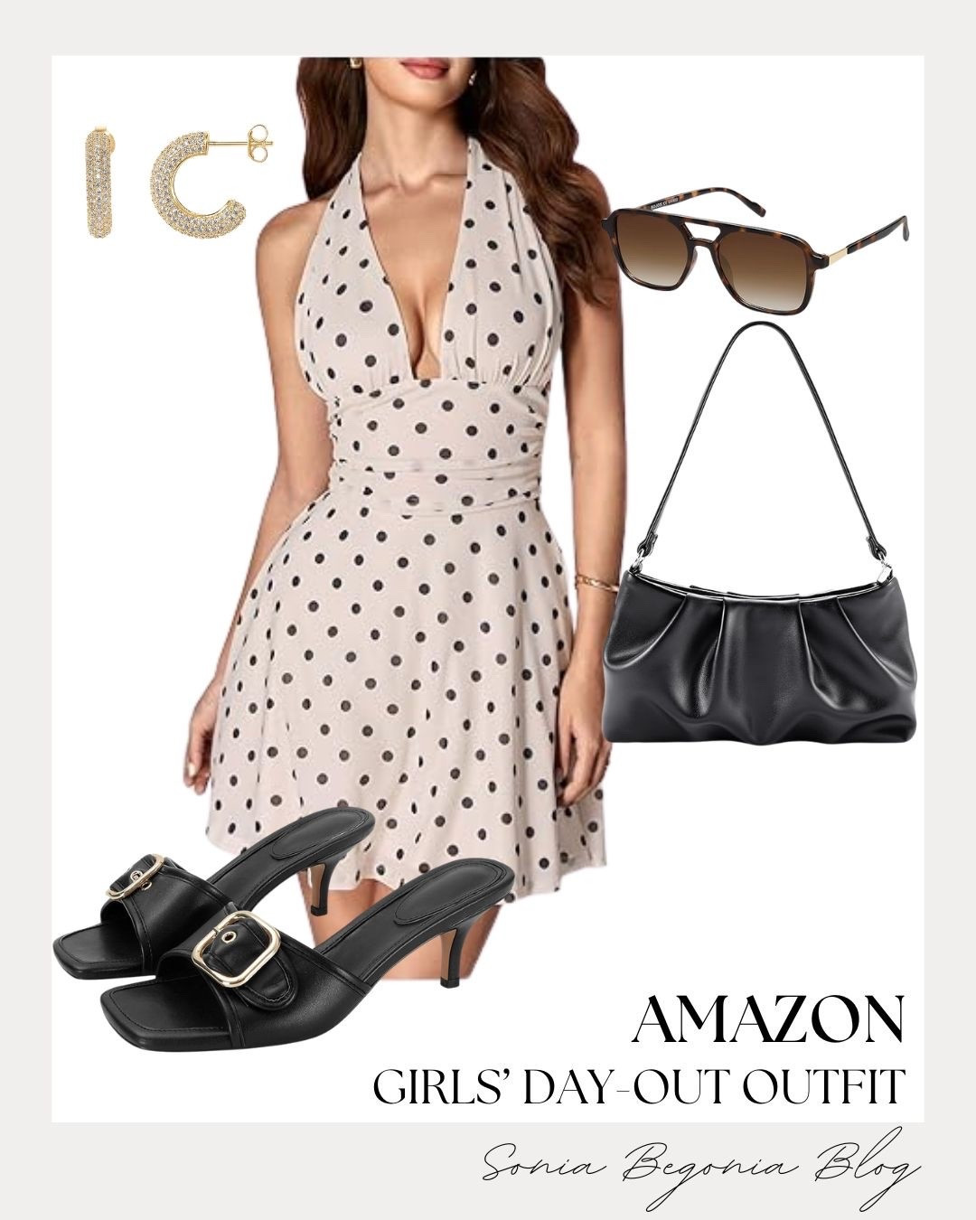 I am styling the most adorable girls' day-out look featuring this chic polka dot halter mini dress. The playful print and flattering neckline make it the perfect option for catching up over lunch, shopping, or enjoying a sunny afternoon out. 🤍

I paired it with sleek black buckle mule sandals, a ruched black leather shoulder bag, chunky gold pavé hoop earrings, and classic aviator sunglasses to finish the chic ensemble. 🕶️

#liketk #ltkstyletip #ltkunder50 #ltksummer #amazonfashion #amazonfinds #polkadotdress #girlsdayout #summerootd #casualchic #everydayoutfit #styleinspiration

#LTKootd #LTKSeasonal
