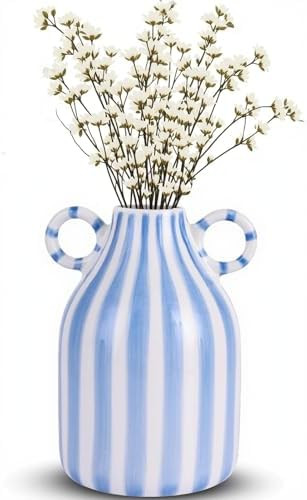 Blue and White Striped Vase,Mid Century Hand-Painted Modern Ceramic Vase,Nordic Boho Vases, Blue ... | Amazon (US)