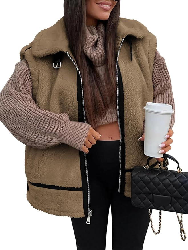 Women's Zip Up Sherpa Shacket Jacket Sleeveless Faux Fur Warm Fall Winter Outwear Fuzzy Fleece Co... | Amazon (US)
