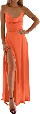 PRETTYGARDEN Women Summer Sexy Cowl Neck Spaghetti Strap Sleeveless Long Satin Dress Slit Club Sl... | Amazon (US)