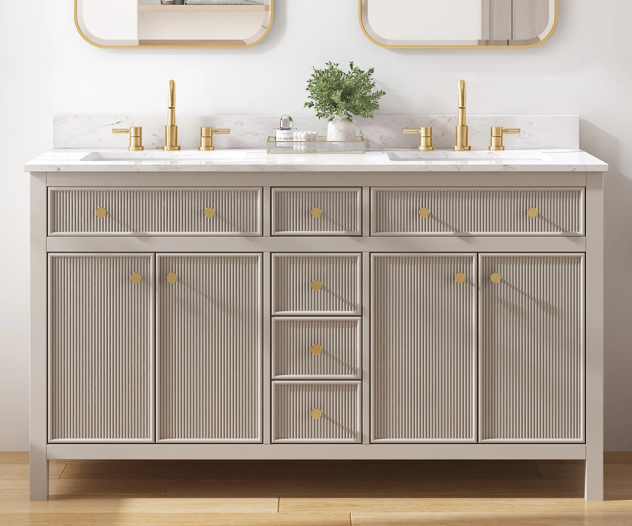 allen + roth Sandbanks 60-in Greige Undermount Double Sink Bathroom Vanity with White Engineered Stone Top in Gray | L23011-VS60-GE | Lowe's