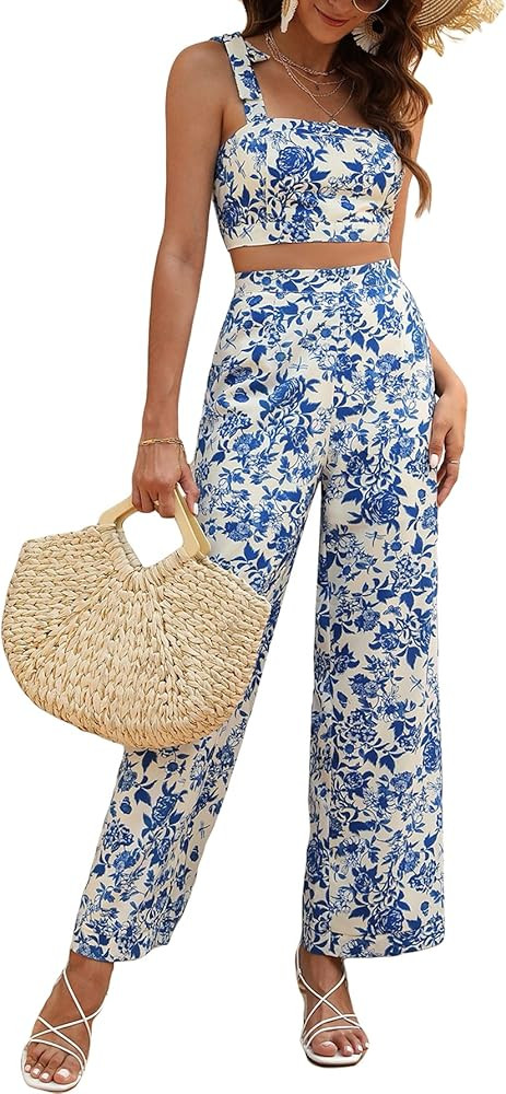 Floerns Women's 2 Piece Boho Floral Print Knot Shoulder Zip Back Crop Cami Top and Maxi Pants Set | Amazon (US)