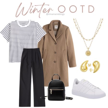 Winter outfit
Tan wool coat 
Gold jewelry 
Layered necklace 
White sneaker 
Trouser pant 
Striped top

#LTKfindsunder50 #LTKfindsunder100 #LTKstyletip