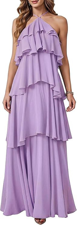 SOLY HUX Women's Wedding Guest Dress Sundresses Ruffle Layered Halter Backless Flowy Formal Maxi ... | Amazon (US)