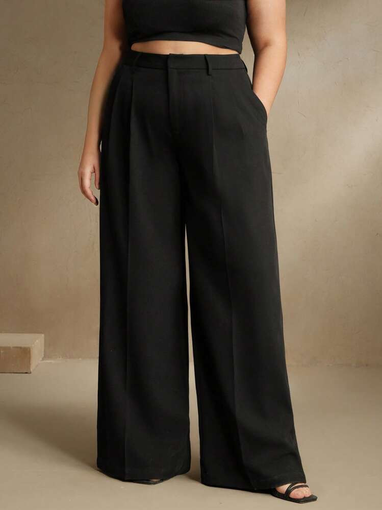 Anewsta Plus Size Modern Elegant Wide Leg Straight Suit Pants, Going Out Graduation,Back To School,Teacher Outfits For Women Winter Fall Autumn | SHEIN