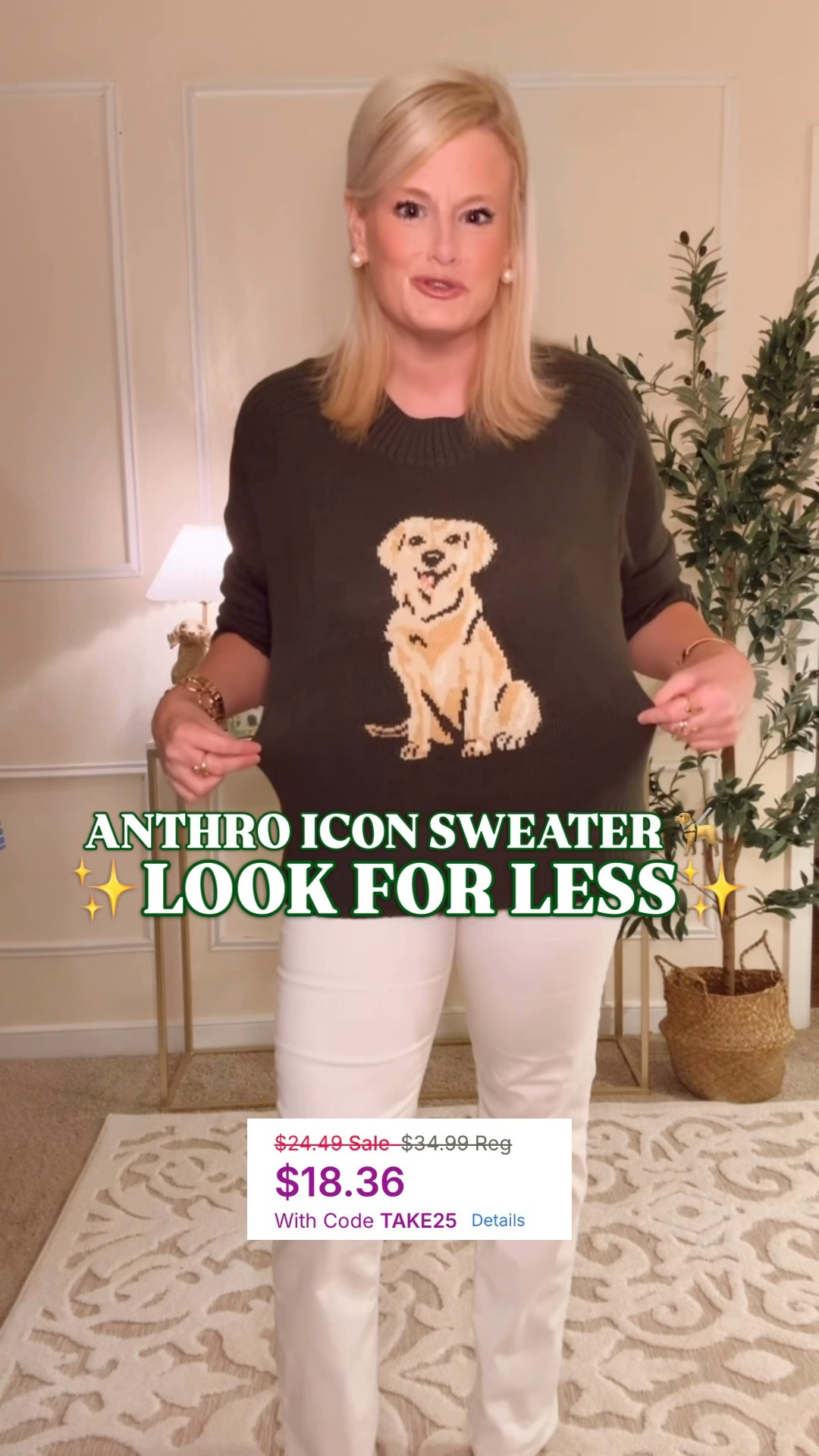THE ANTHRO ICON SWEATER LOOK. NOW $18. 🐾

This is the lowest price I have ever seen on this golden retriever sweater, and at $18 for Kohl’s Deals Days, it is SUCH a good find.

The dog reminds me of Sutton, so this one had me immediately. It has that playful Anthropologie icon sweater look for way less, with an olive green background, golden retriever motif and classic preppy shape.

The cotton and acrylic blend, dropped shoulders, crew neckline and wide ribbed trim make it such a cute, cozy fall sweater. I’m in a large for a relaxed fit.

If you love heritage prep and animal motif sweaters, this is a fun way to get that look on a budget. It’s also a gift I would be excited to give a dog mom or golden retriever lover. A sweater that reminds her of her favorite dog? So much more personal.

For fall weekends, teacher outfits and casual Thanksgiving plans, this one has plenty of wear ahead. Grab it for $18 during Kohl’s Deals Days. Linked below.

golden retriever sweater women, dog sweater for women, dog icon sweater, Anthropologie icon sweater look for less, Anthro sweater look for less, animal motif sweater women, preppy style, heritage prep, preppy sweaters women, preppy fall outfits, olive green sweater women, cotton blend sweater, cozy fall sweaters, fall outfits women, teacher outfits fall, Thanksgiving sweater, dog mom gifts, gifts for golden retriever lovers, gifts for dog lovers, Kohl’s Deals Days, Kohls sale, Kohls deals, Kohl’s finds, Kohl’s sweaters women, Sonoma dog sweater, sweaters under $20, affordable fall fashion, designer look for less @Kohl's

#PreppyStyle #LookForLess #KohlsFinds #AnthroStyle #DogMom #LTKFindsUnder50 #LTKSaleAlert #LTKSeasonal